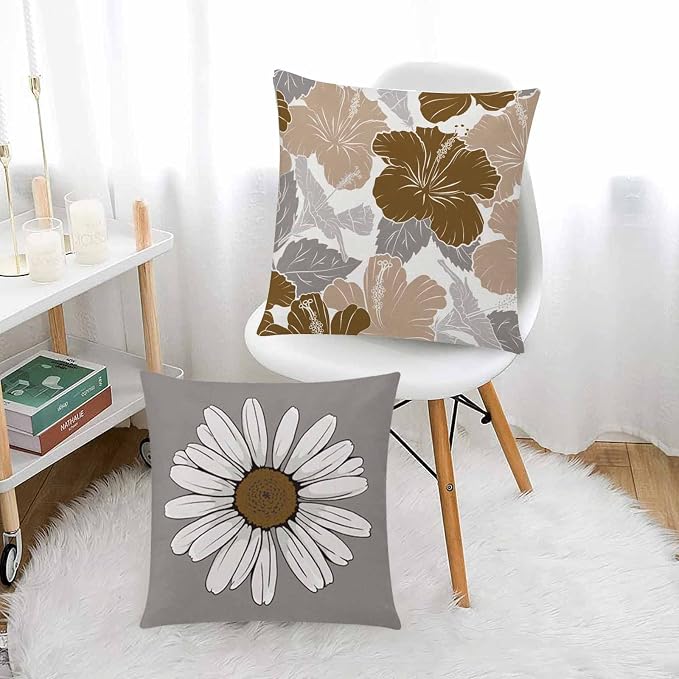 COMMINY Brown Grey Pillow Covers 18x18 Set of 6 Decorative Daisy Flower Throw Pillow Cover for Couch Modern Coffee Pillow Case for Patio Living Room Cushion Bed Farmhouse Home Decor | brown daisy Floral, decorative cushion cover, Breathable Linen, stan...