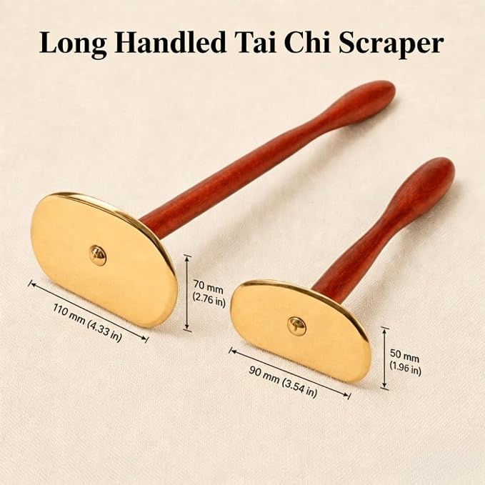Brass Gua Sha Board with Long Handle, Self-Scraping Massage Tool for Home Use, Full Body Back Gua Sha Scraper with Rosewood Handle (Long Handle)