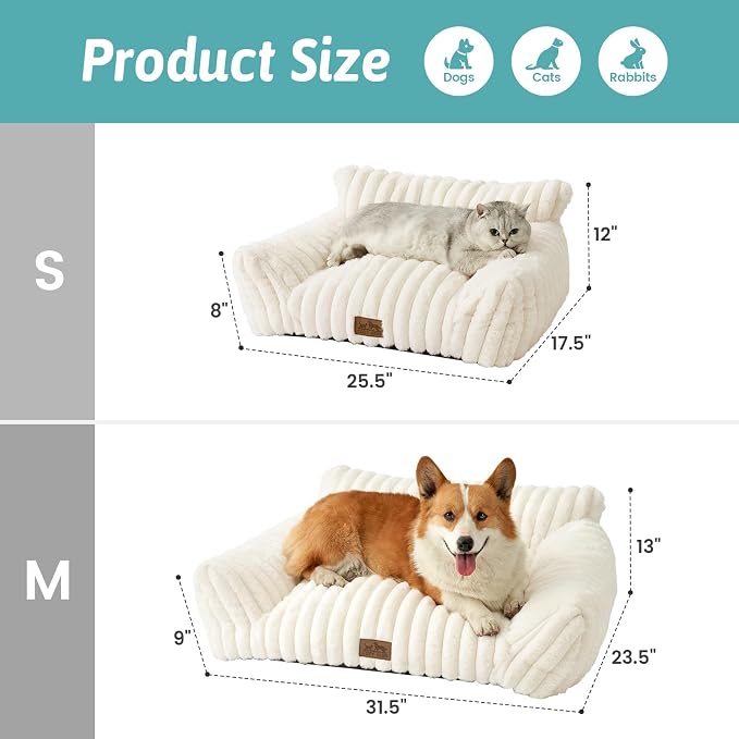 COZY KISS Cute Cat Couch, Fluffy Sofa Bed for Cats and Small Dogs, Premium Faux Rabbit Fur Cats beds for Indoor Cat, Ultra-Soft Supportive Pet Couch Furniture (Cream, M: 31.5''x23.5'')