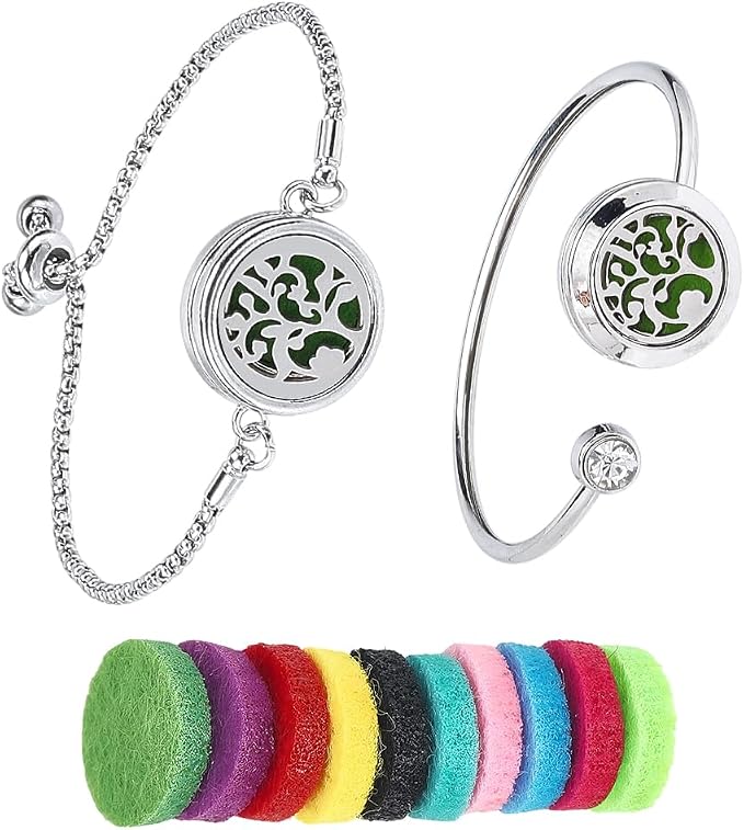 SUNNYCLUE 1 Box 2 Sets Tree of Life Essential Oil Bracelet Blank Bangles bulk with 10Pcs Refill Pads Stainless Steel Aromatherapy Diffuser Locket Adjustable Band Jewelry for Women Birthday Gifts Adult