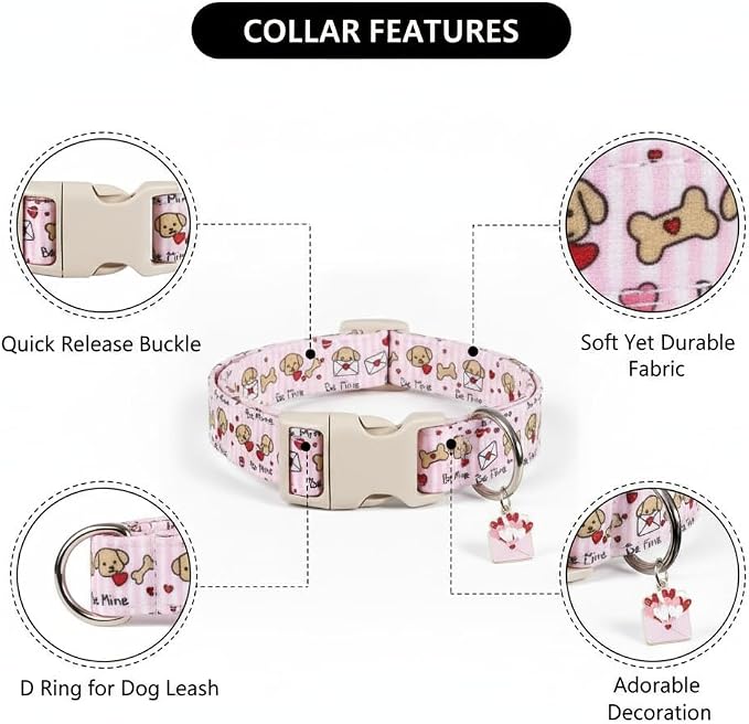 Pink Dog Collar, Girl Dog Collar with Cute Dogs and Hearts, Cute Spring Summer Food Collar with Soft & Breathable Fabric, Adjustable Pet Collar for Small Dogs
