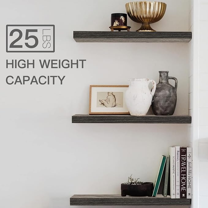 QEEIG Floating Shelves for Wall 23.6" Long - Wall Mounted Shelf Bathroom Kitchen Living Room Bedroom Farmhouse Home Decor Display Bookshelf Large 23.6 x 9.3 inch Set of 2, Grey (008-60GY)