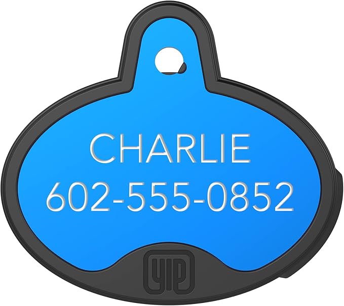 YIP Smart Tag ID & Custom Engraved Dogs Tracker - Compatible with Samsung Galaxy (No GPS Subscription Or Monthly Fee) Pets Collar Location Oval Blue