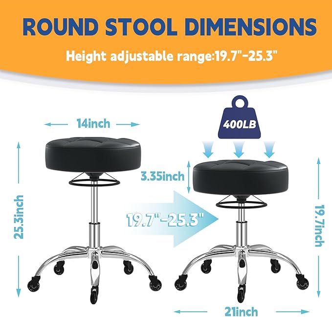 Rolling Stool Heavy Duty 400lb: Super Soft Seat Cushion,360° Swive,Height Adjustability,No Squeaky Noises,No Tip Over, New Upgraded Salon stool Chair, for Tattoo Facial Massage Spa Medical (Black)