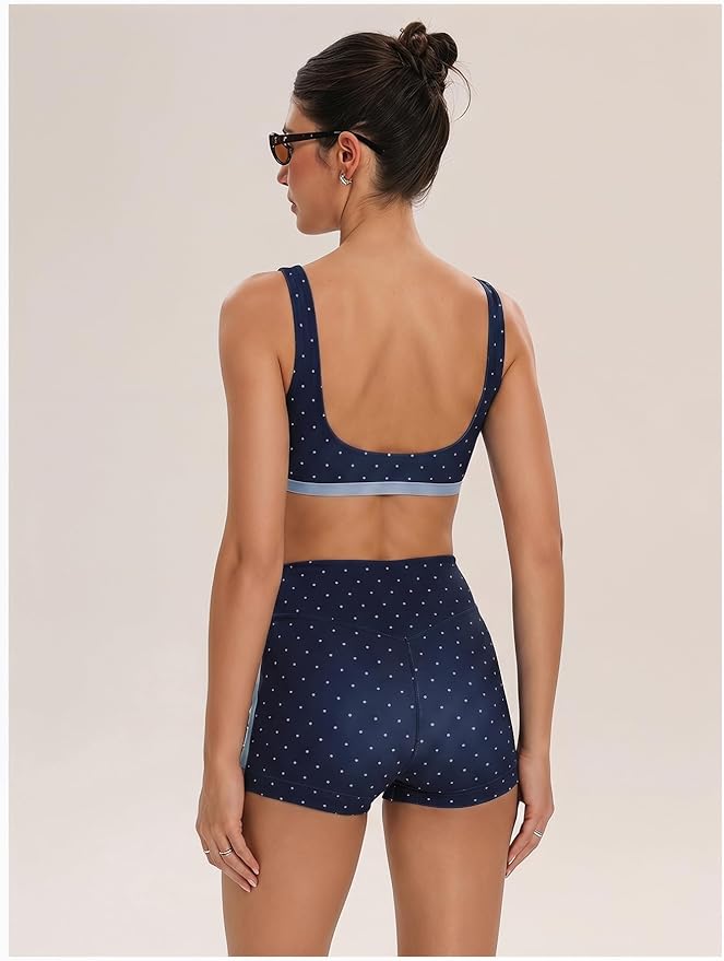 Milumia Women's Polka Dots Workout Set 2 Piece Color Block Bra Tank High Waisted Biker Shorts Layered Matching Yoga Outfit