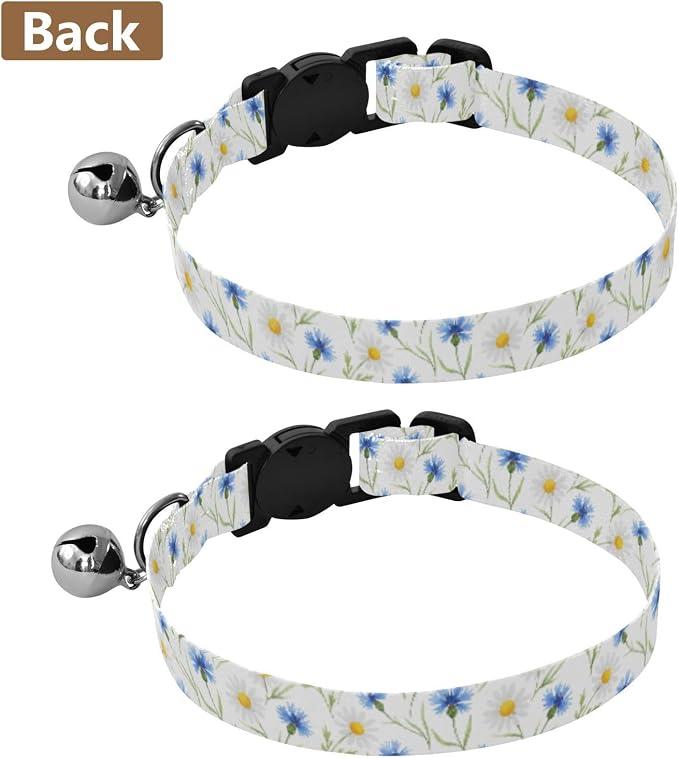 Watercolor Blue Cornflowers White Daisies Easy to Wear Small Dog Collar 2 Pack Comfortable Cat Collar
