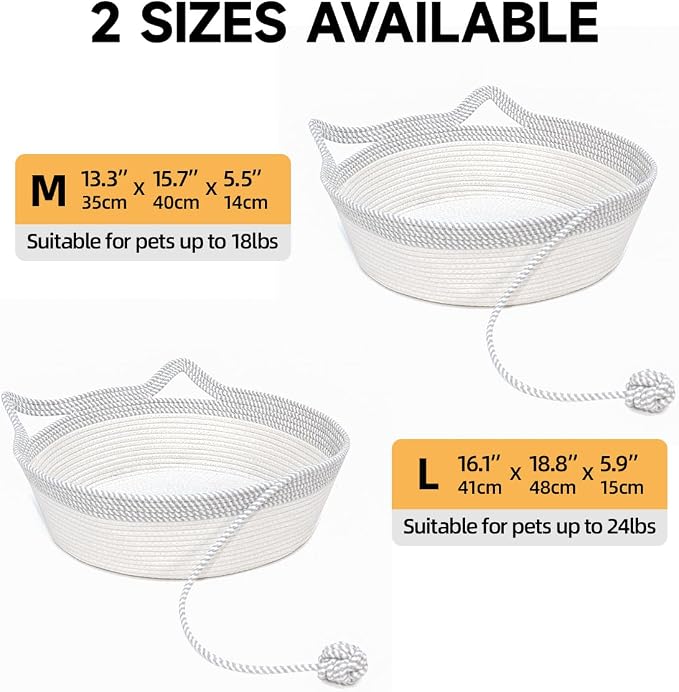 Cat Bed, Cotton Rope Instinct Basket for Cats, Handwoven Cat Beds | Stimuli Handwoven Basket for Cat, Pet Sleeping Bed with Rope Ball, Puppies, Rabbits and Small Pets(Medium, Gray & White)