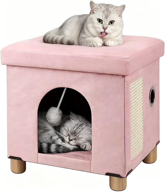 BRIAN & DANY Cat House for Indoor Cats,Cat Bed Cave for Kitten with Scratch Board & Ball,14.5X 12.5X 14.1 inches, Pink