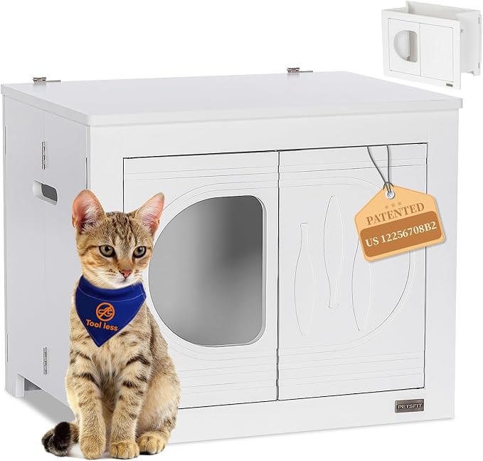 PETSFIT Cat Litter Box Enclosure Folding Furniture, Unfold to Use, No Assembly Needed, Litter Box Furniture as Cat House, End Table, Fit Most of Litter Box (White)