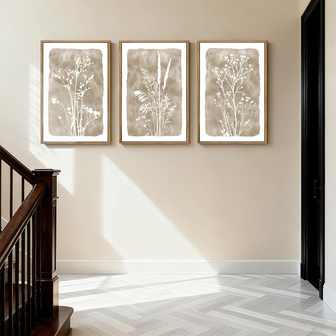 ANHUIB Beige Neutral Floral Canvas Wall Art 16x24 Inch Framed Brown Botanital Wall Decor Large Rustic Farmhouse Wildflower Artwork Boho Vintage Plant Art Prints Set of 3 for Living Room Bedroom Office