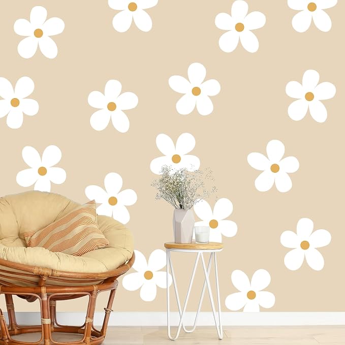TaoBary 12 Sheet Daisy Wall Sticker Decal,White, Yellow,Charming Style | Big Flower Wall Sticker, Pink White Floral Decal, Daisy Bedroom Room Decor, Removable Peel and Stick, Nursery Home Wall Decor