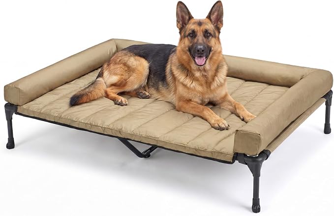 Veehoo Outdoor Elevated Dog Bed with Waterproof Bolster Cushion, Cooling | Raised Dog Bed with Removable & Washable Mat Topper, Breathable Mesh, Dog Couch Cot for Indoor Outdoor, 53", Large, Beige