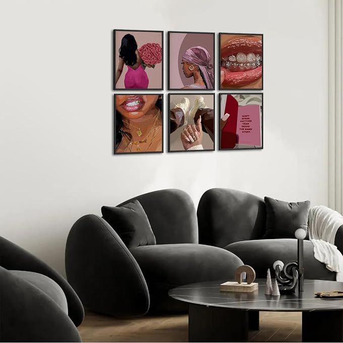 Black Woman Poster Set of 6, Fashion African American Women Wall Art, Trendy Abstract Black Girl Canvas Wall Decor Paintings Aesthetic Pictures for Bedroom Living Room 8x10 inch Unframed