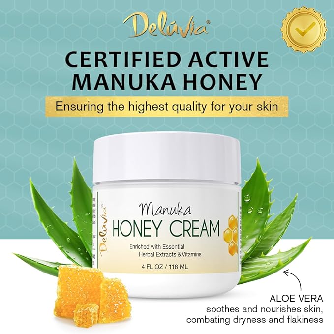 Deluvia Manuka Honey Cream | Hydrating & Soothing Moisturizer Face & Body Lotion | for Sensitive Skin, Eczema, Psoriasis & Dermatitis | 4 ounce