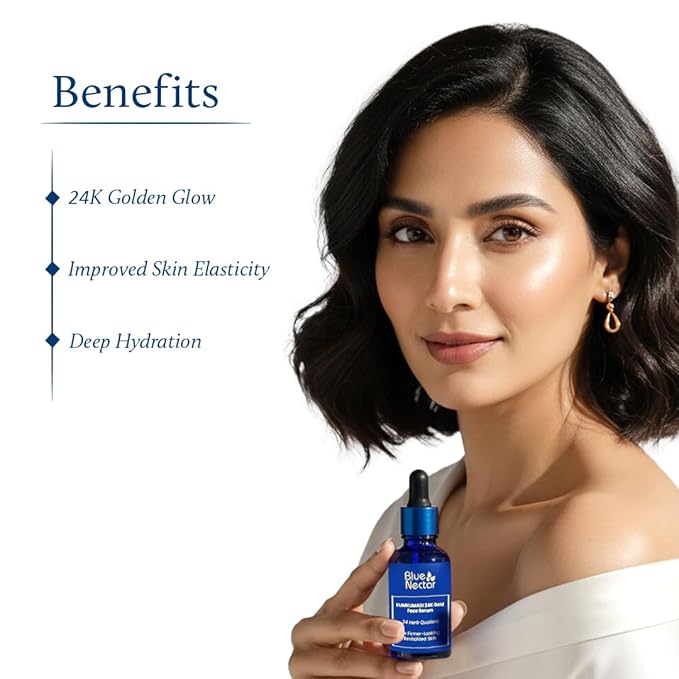 Blue Nectar 24K Gold Serum with Pure Kumkumadi Oil for Face | Ayurvedic Face Serum for Firm-Looking Skin & Natural Radiance (24 Herbs, 1Fl Oz)