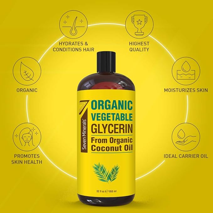 Seven Minerals, Organic Vegetable Glycerin - Big 32 fl oz Bottle - No Palm Oil, Made with Organic Coconut Oil - Therapeutical Grade Glycerine for DIYs - Hair, Nails & Skin Moisturizer - Non-Gmo