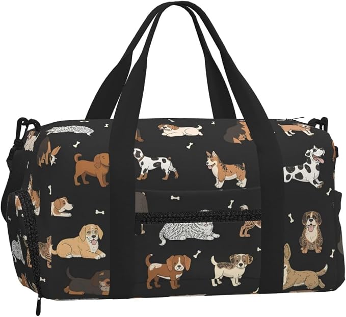 Fiokroo Sports Gym Bag Cute Dogs Black Travel Duffel Bag For Men Women With Shoe Compartment Water Resistant Gym Bag Carry On Duffel Bag For Weekend Traveling Yoga Gym Sports
