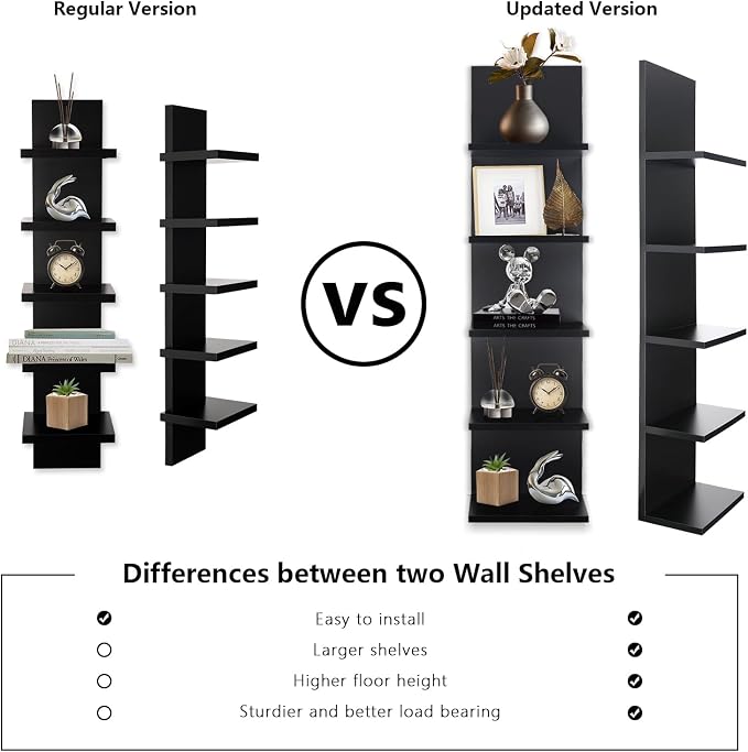 5 Tier Wall Shelf, Wall Mounted Shelves Unit for Living Room Bedroom, Floating Shelves Decor Organizer Tall, Black