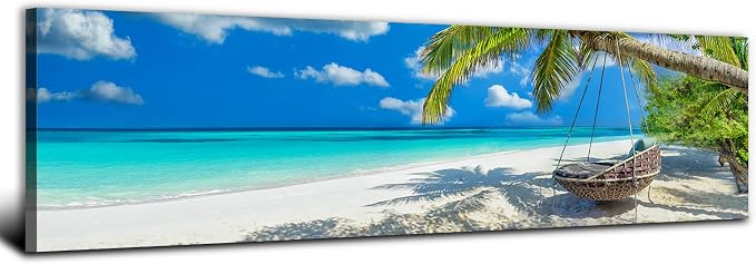 Nature Coastal Scenery Wall Art Tropical Ocean Wall Decor Seascape Coconut Trees on Sands Beach Canvas Picture Photo Nautical Bathroom Painting Blue Sea Coastline Poster Artwork Decorations 14x48”