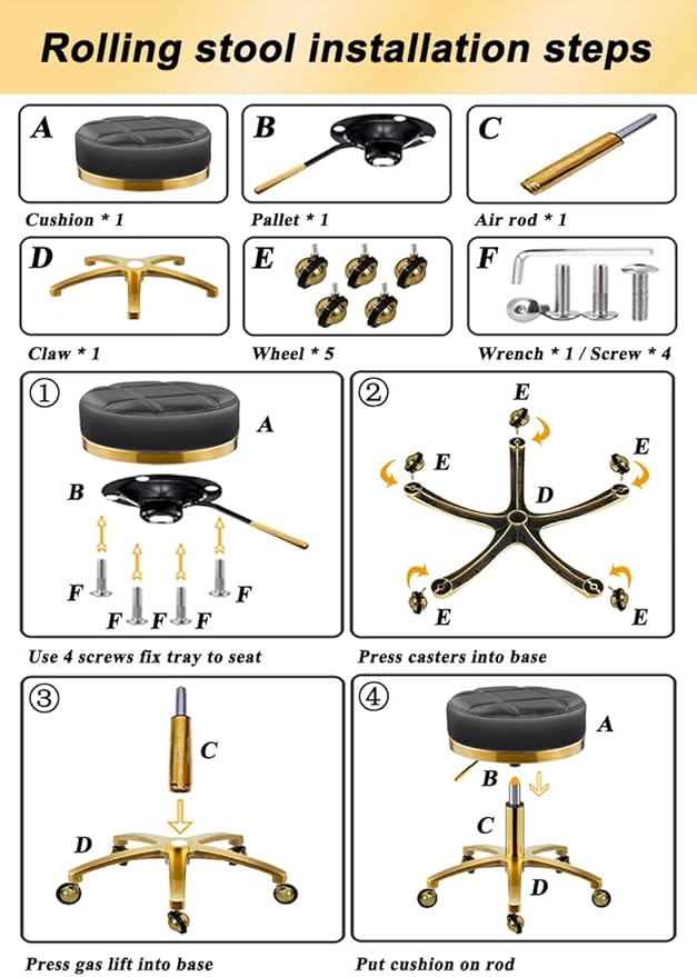 Gold Rolling Vanity Stool with Wheels, Salon Spa Tattoo Massage Pedicure Chair, PU Leather Roller Chair, 43-55cm Height Adjustable Office Work Swivel Stool (Black, Without Back)