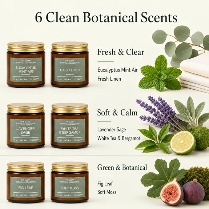 Scented Candles Gift Set for Women, Clean Botanicals Collection, 6 Pack 3.5 oz Natural Soy Wax Candles in Amber Glass Jars, Aromatherapy Gifts for Mom Birthday Housewarming, Lavender Sage