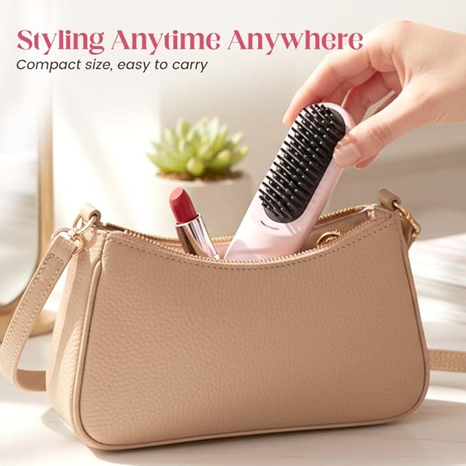2026 Hair Straightener Brush, Cordless Hair Straightener Brush for Short Hair, Mini Portable Travel Straightening Hair Comb Brush with 4 Temps Fast Heating for Women, All Hair Types (Pink)