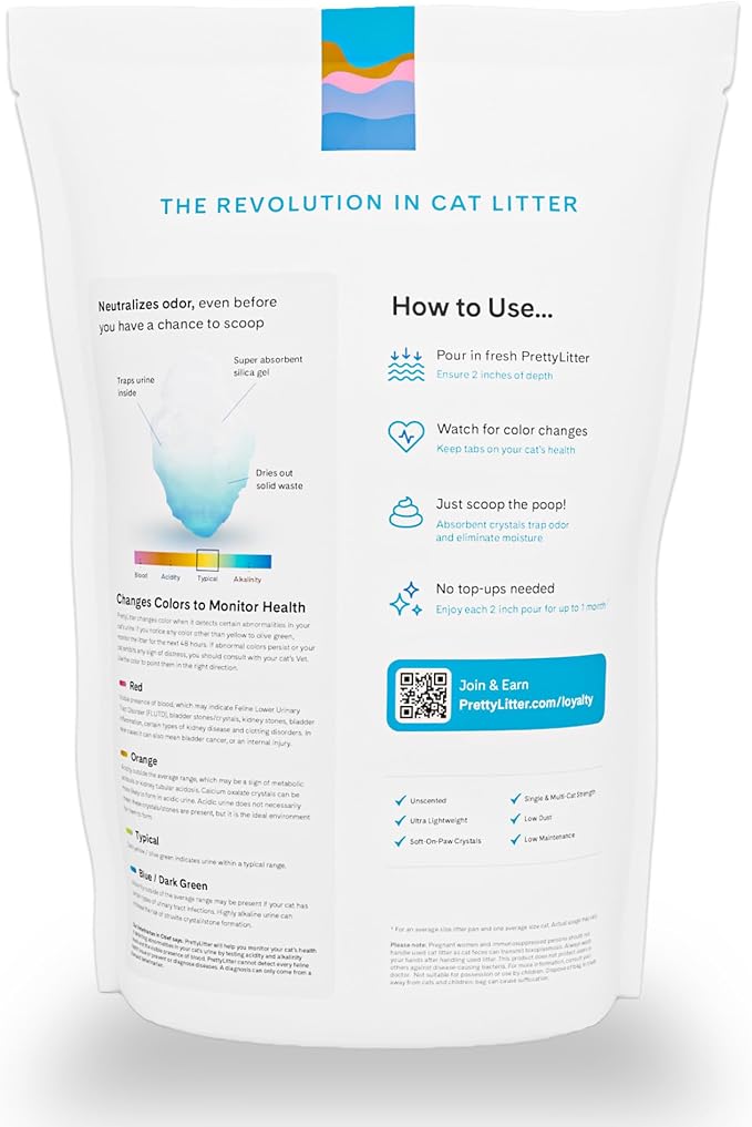PrettyLitter Health Monitoring Cat Litter, Unscented, 6 lb. Bag | Up to 1 Month Supply, Non-Clumping, Advanced Odor Control, Automatic Litter Box Compatible, Color Changing Silica Crystals