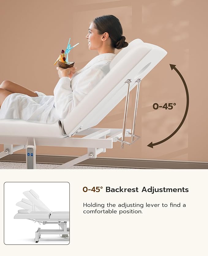 Icoget Electric Lift Massage Table Bed and Stool, Spa Facial Treatment Table w/Face Hole, Adjustable Backrest Medical Table Beauty Beds for Esthetician, Wax, Lash Extension,White