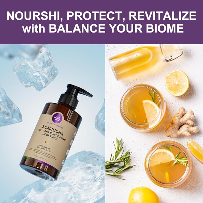 Kombucha Glass-Skin Moisturizing Body Wash, K-Beauty,Fermented soybean, barley, Pear Juice, Pomegranates,12 Vitamins, Nurishing, Cleansing, 16.9 fl.oz,No Silicone.Rich micro-foam gently cleanses