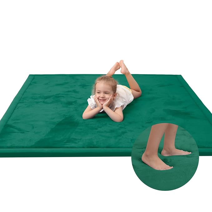 Baby Play Mat for Floor,1.3" Thick Memory foam Tummy Time Mat,Soft Coral Velvet Nursery Rug,Extra Large Non Slip Crawling Mat for Toddlers,Infants,kids,Yoga,Tatami Style for Living Room(Dark Green)
