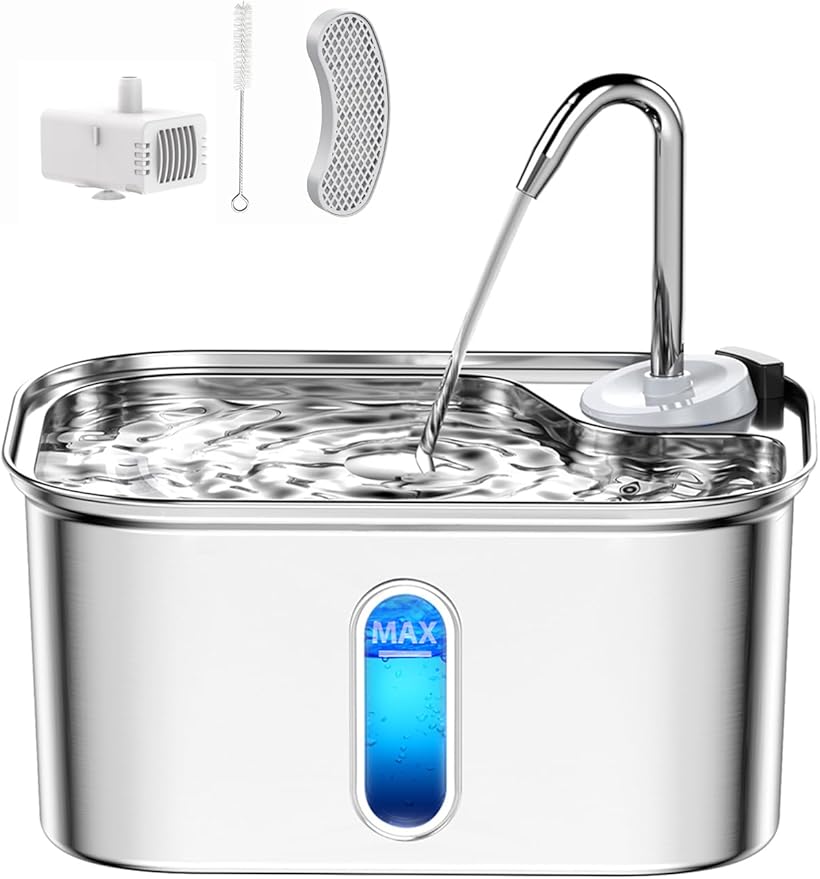 Cat Water Fountain Stainless Steel for Cats Indoor 2.5L 85oz by BPA-Free SUS304, Effective 6-Layer Filter Cat Fountain for Drinking 20dB Ultra Quiet Metal Pet Water Fountain (Fountain+1 Filter)