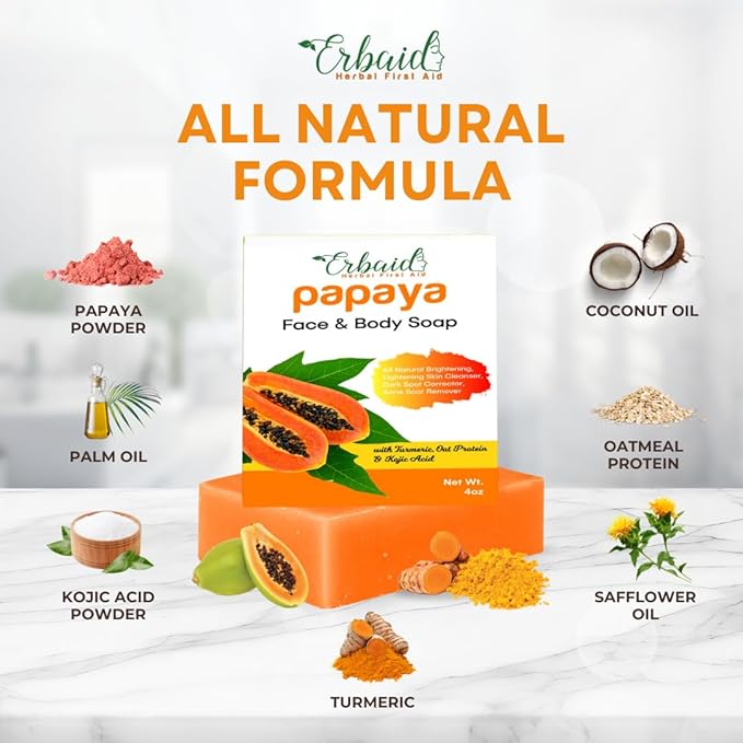 Erbaid Papaya Soap Face & Body Wash – Skin Brightening Papaya Soap Bar for Dark Spots – Reduce Acne, Cleanse Scars, & Even Tone – with Turmeric, Kojic Acid & Essential Oils – for All Types