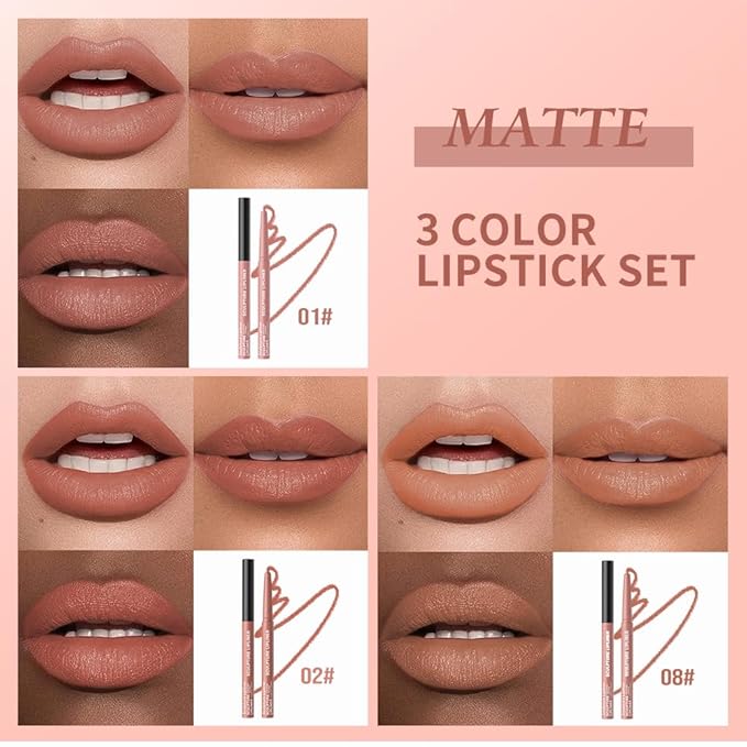 12 Colors Matte Lip Liner Pencil – Long Lasting Waterproof Lip Liner, Smudge Proof Transfer Proof Lip Pencil, High Pigment Lip Makeup for Defining & Filling Lips (A1-set:01+02+08, 3PCS)