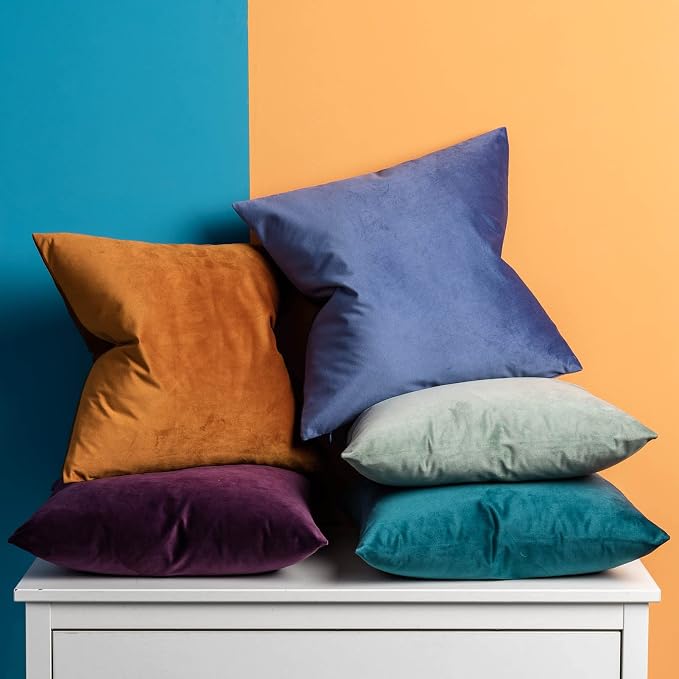 Blue 18x18 Throw Pillow Covers Decorative Velvet Cushion Covers Set of 2 | Soft Pillow Cases with Invisible Zipper for Modern Couch Sofa Bed Living Room Bedroom Home Decor
