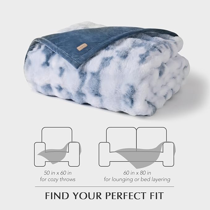 Faux Rabbit Fur Bubble Throw Blanket, 60"x80", Cloud Blue | Ultra Soft, Luxury Faux Rabbit Fur Throw, Thick Warm Bubble Blanket, Cozy Fluffy Reversible, for Bed, Couch, Chair, Sofa