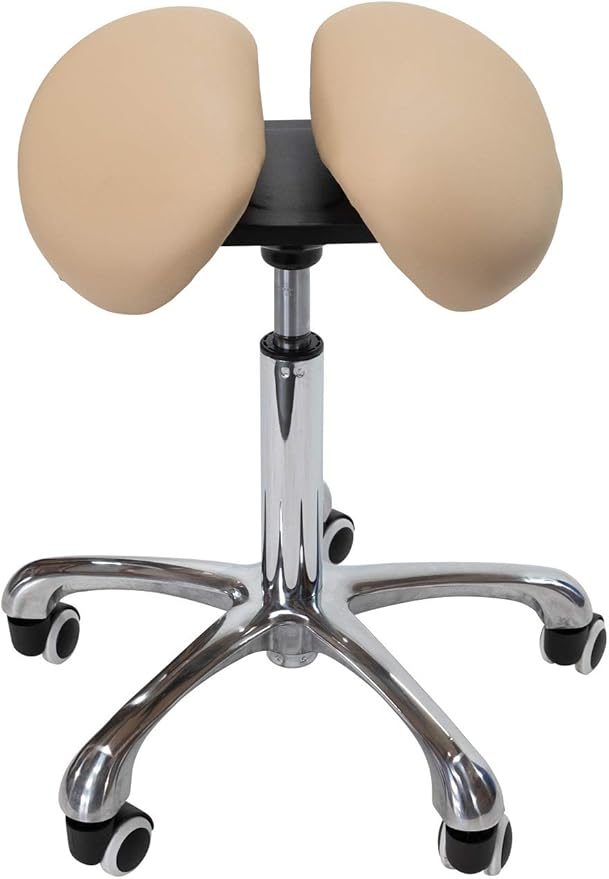 Saddle Stool with Wheels Rolling Chair - Ergonomic Split Seat Design, 360° Swivel Mobility, and Heavy Duty Adjustable Height - Professional Salon, Massage & Esthetician Spa Stool - (Beige)