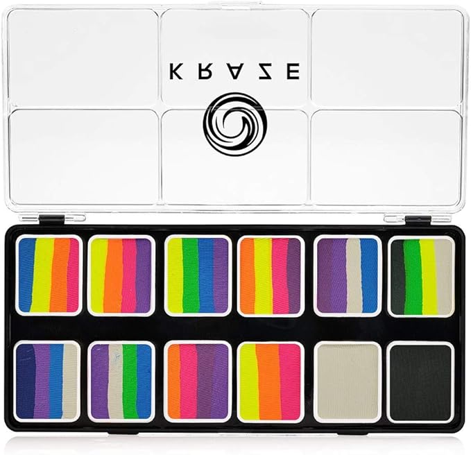 Kraze FX Neon Pop 1-Stroke 12 Split Cake Palette (6 gm) with 2 Brushes - Professional UV Glow Blacklight Reactive Body & Face Painting Kit, Water Activated, Hypoallergenic, Vibrant Face Paint