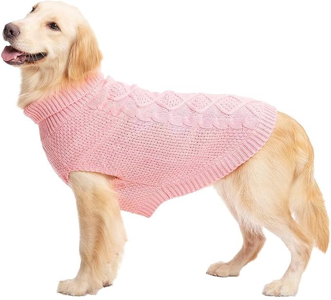 Mihachi Turtleneck Dog Sweater - Winter Coat Apparel Classic Cable Knit Clothes with Leash Hole for Cold Weather, Ideal Gift for Pet in New Year Flesh Pink Medium