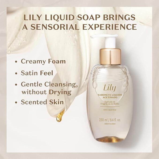 O Boticário Lily Satin Body Wash, Sophisticated Bath & Shower Gel Soap for Luxurious Soft Skin, Lily Fragrance Scented, 8.4 Ounce (250ml)