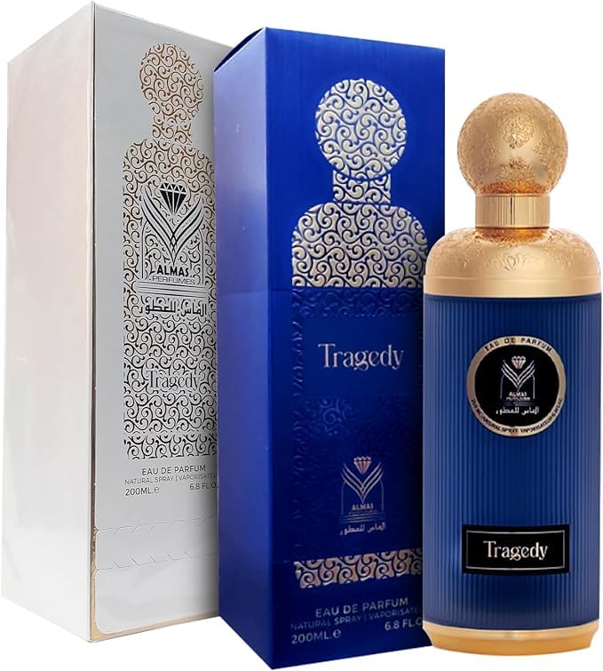 Almas Perfumes Tragedy Unisex Eau de Parfum, 200ml, Woody Oriental Fragrance with Oud, Amber, Leather, Bergamot, Black Pepper, Made in Saudi Arabia