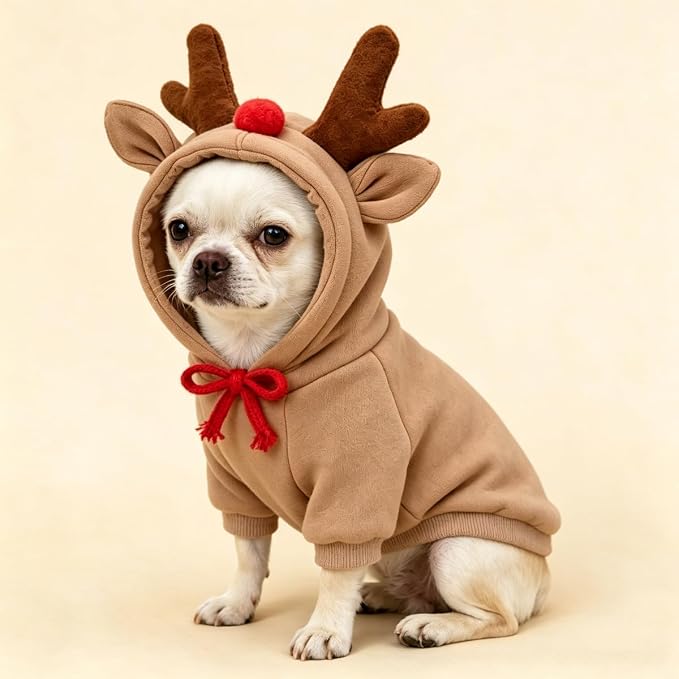 Fleece Lined Reindeer Design Dog Hoodie Costume, XS | Pet Clothing & Christmas Party Costume For 2-25 Lbs Small medium Dog Cat French Bulldog Chihuahua Pinscher Poodle Dachshund