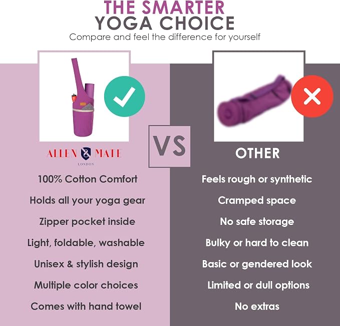 ALLEN & MATE 100% Cotton Canvas Yoga Mat Bag - Shoulder Strap Carrier Large Size Pocket Zipper Storage Yoga Bag holds more Accessories & Pilates Mats