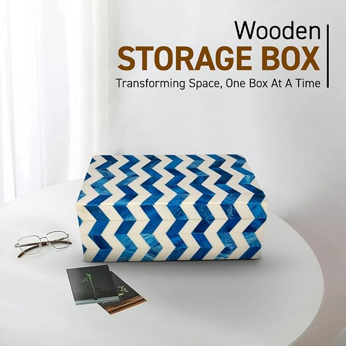 Perilla Home ﻿Home Decor Decorative Storage Wooden Box Small Wooden Organizer Tool Stash Card Craft Trinket Memory Keepsake Jewelry Box for Men and Women, Chevron, Gifts For All, Blue and Off White