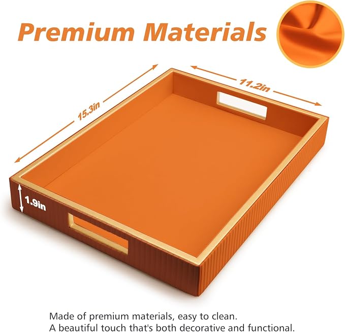 Leather Tray Desktop Storage Organizer, Rectangle Valet Tray, Orange | Premium Serving Trays with Handles, Decorative Tray Desk Organizer for Sundries Cosmetics Phone Wallet Keys Cutlery