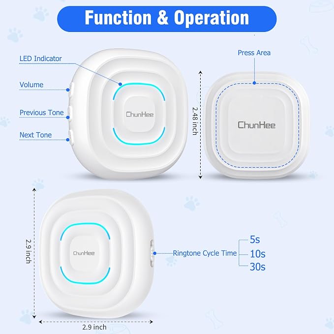 ChunHee Dog Door Bell for Potty Training – Smart Wireless Dog Bell to Go Outside – No Battery Needed, 11N Press Force, Perfect for Medium & Large Breeds – Wireless Pet Communicatio
