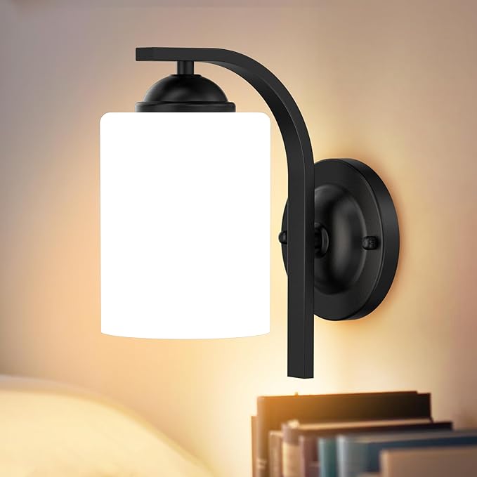 Wall Sconces Lights for Bedroom Bathroom, Modern Vanity Light Fixtures, Matte Black Farmhouse Wall Mount Lighting, Hardwired Wall Lights with Glass Shade for Living Room Mirror Hallway