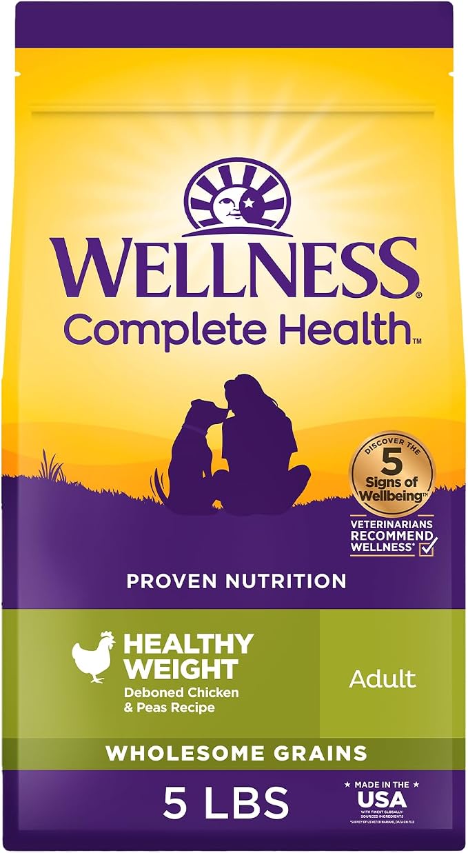 Wellness Complete Health Healthy Weight Adult Dry Dog Food, Wholesome Grain Kibble, Chicken and Peas Recipe, 5 lb Bag