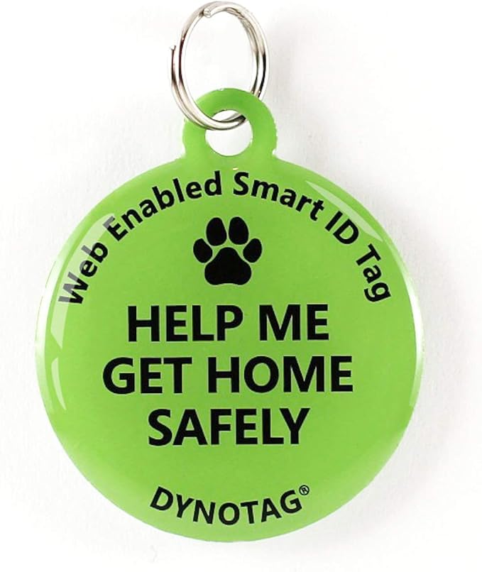 Dynotag® Web Enabled Super Pet ID Smart Tag. Deluxe Coated Steel, with DynoIQ™ & Lifetime Recovery Service. Fun Series (Green: Help Me Get Home Safely)
