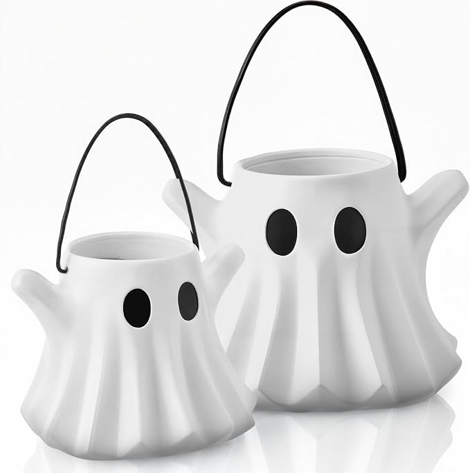 FoldTier 2 Pcs Halloween Ghost Planter Vase Candy Bowl Bucket with Handle | Resin Ghost Design, Multipurpose Flower Pot and Candy Holder, Indoor Outdoor Decor, Home Garden Table Centerpiece for Party