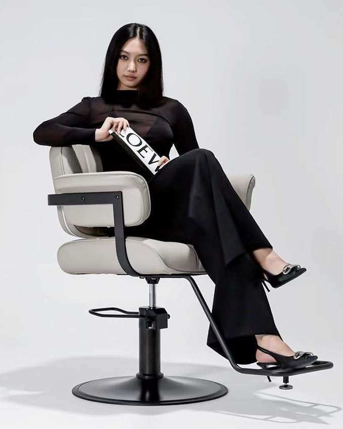 Barber Salon Chair, Extra Wide Hair Styling Chair with Heavy Duty Hydraulic Pump, 360° Swivel Height Adjustable Braiding Design, Luxury Beauty Salon and Barbershop Equipment, Ivory